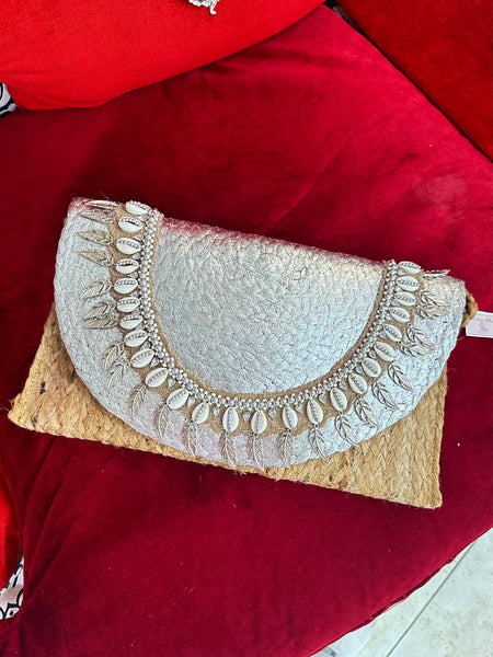 Handcrafted Raffia & Silver Metallic Clutch with Crystal Leaf Accents