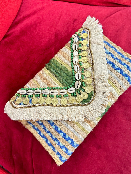 Boho Chic Woven Raffia Envelope Clutch with Seashells and Coin Accents