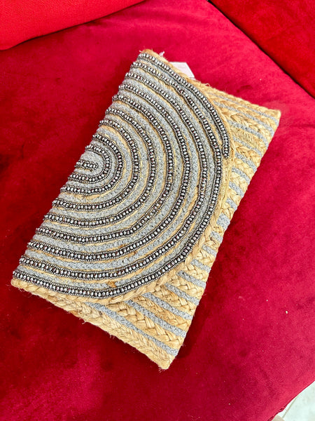 Glamorous Beaded Woven Straw Envelope Clutch with Metallic Embellishments