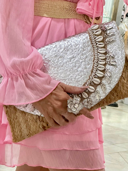 Handcrafted Raffia & Silver Metallic Clutch with Crystal Leaf Accents