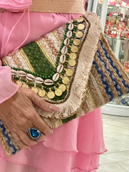 Boho Chic Woven Raffia Envelope Clutch with Seashells and Coin Accents