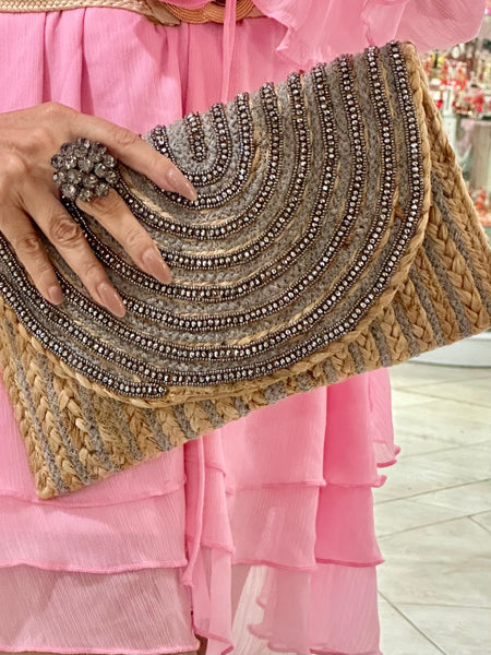Glamorous Beaded Woven Straw Envelope Clutch with Metallic Embellishments