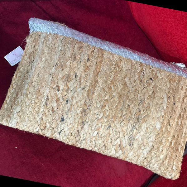 Handcrafted Raffia & Silver Metallic Clutch with Crystal Leaf Accents