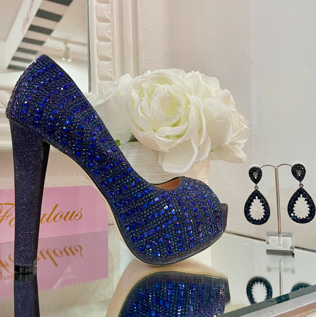 Navy Blue Rock Glitter Ankle Strap Flats, Bridesmaid Shoes, Prom Shoes